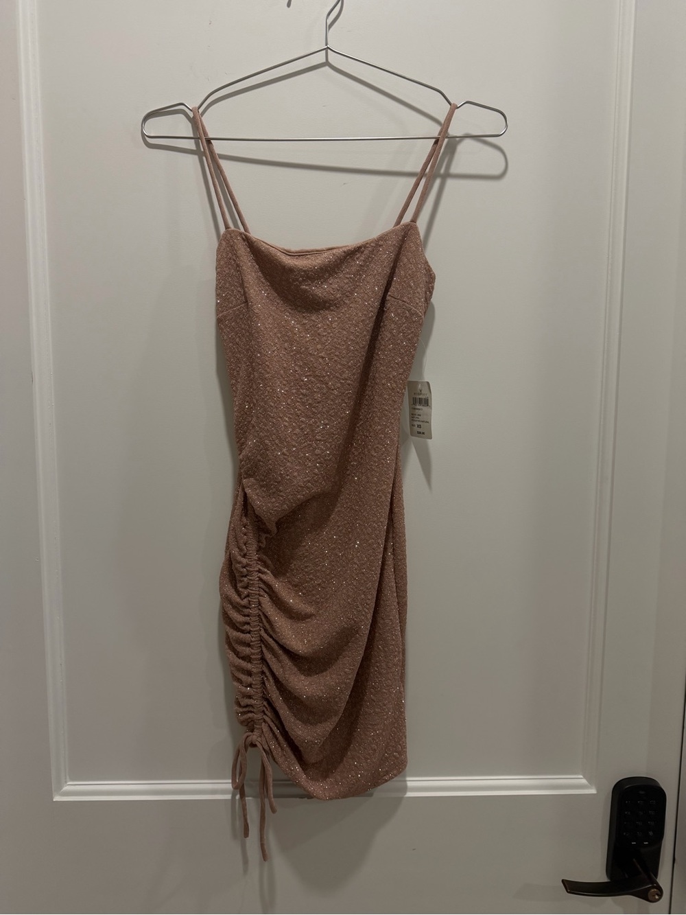 Windsor Glitter Ruched Bodycon Mini Dress Natural XS NWT